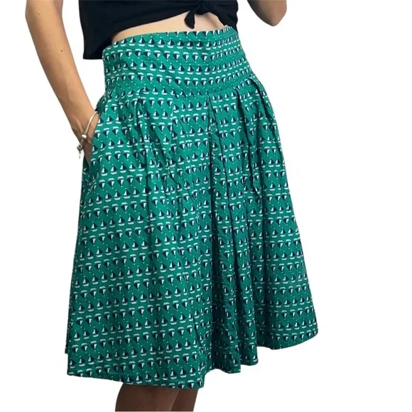Emily and Fin Skirt Boat Nautical Green High Waist Pleated Pockets Retro Size L - Picture 1 of 13